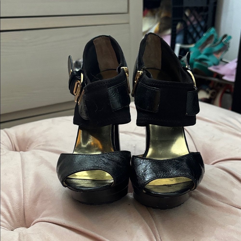 Michael Kors Black and Gold Peep-Toe Heels